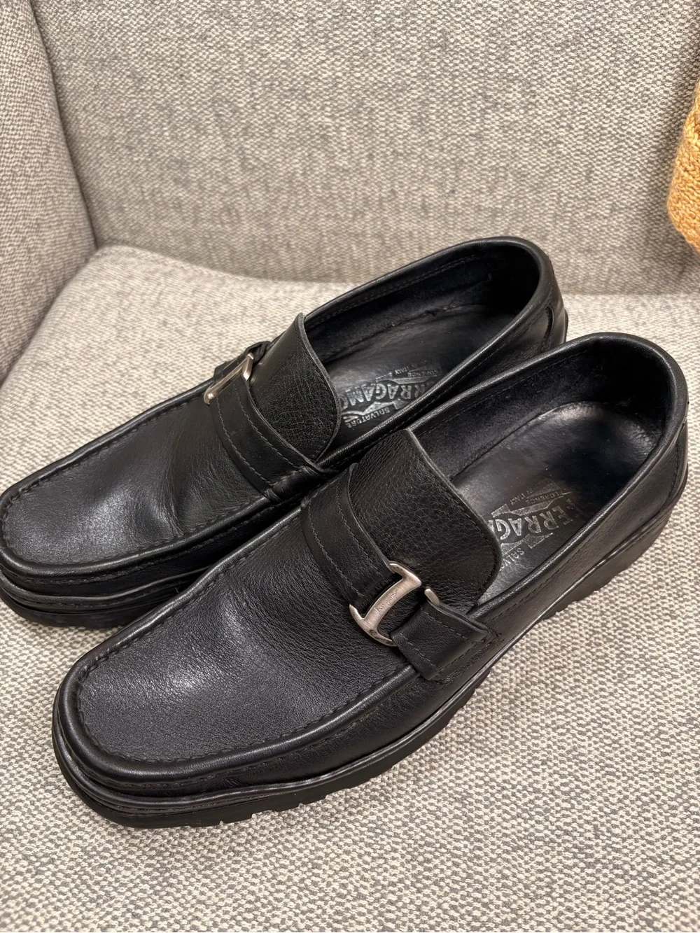 SALVATORE FERRAGAMO Men's Black Leather Slip-On Loafers with Buckle Detail